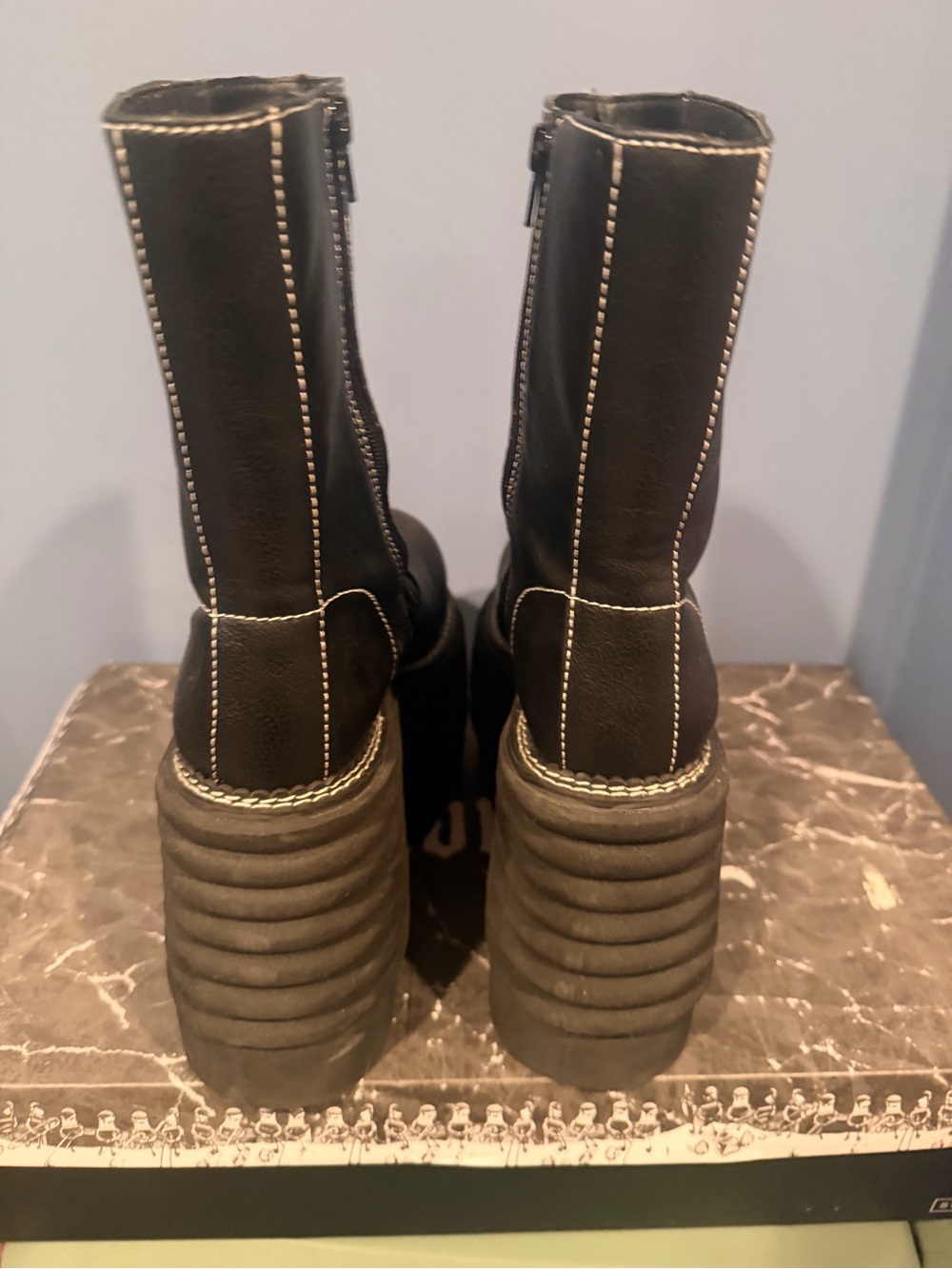 Dolls Kill Black Platform Mid-Calf Boots with Contrast Stitching - Picture 4 of 4